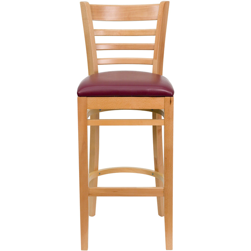 SINGLEWAVE Series Ladder Back Natural Wood Restaurant Barstool - Burgundy Vinyl Seat