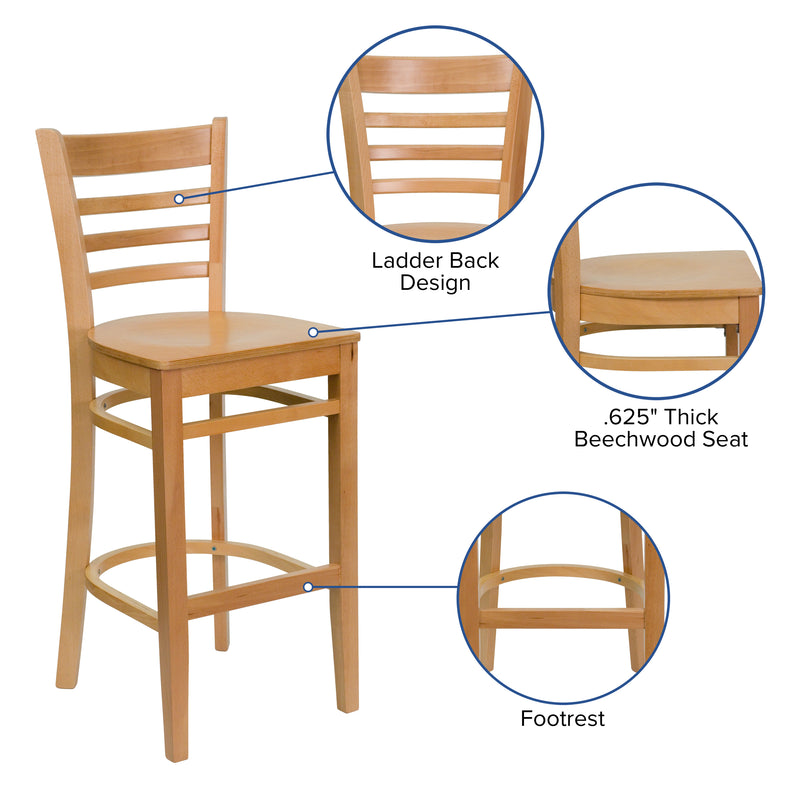 SINGLEWAVE Series Ladder Back Natural Wood Restaurant Barstool