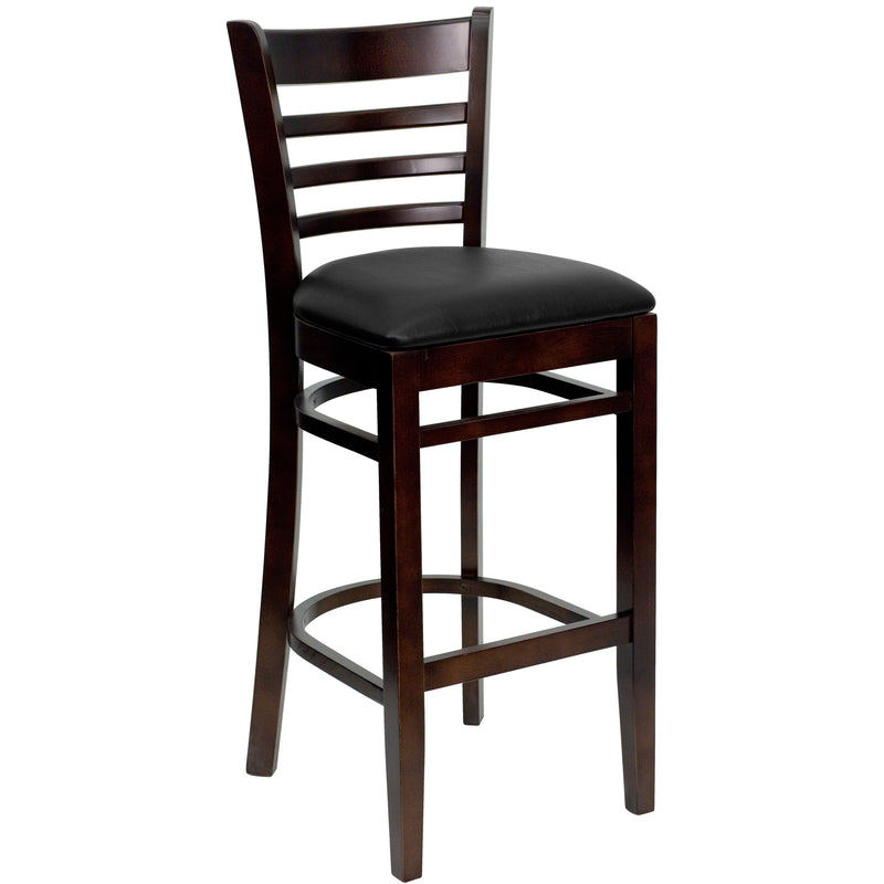 SINGLEWAVE Series Ladder Back Walnut Wood Restaurant Barstool - Black Vinyl Seat