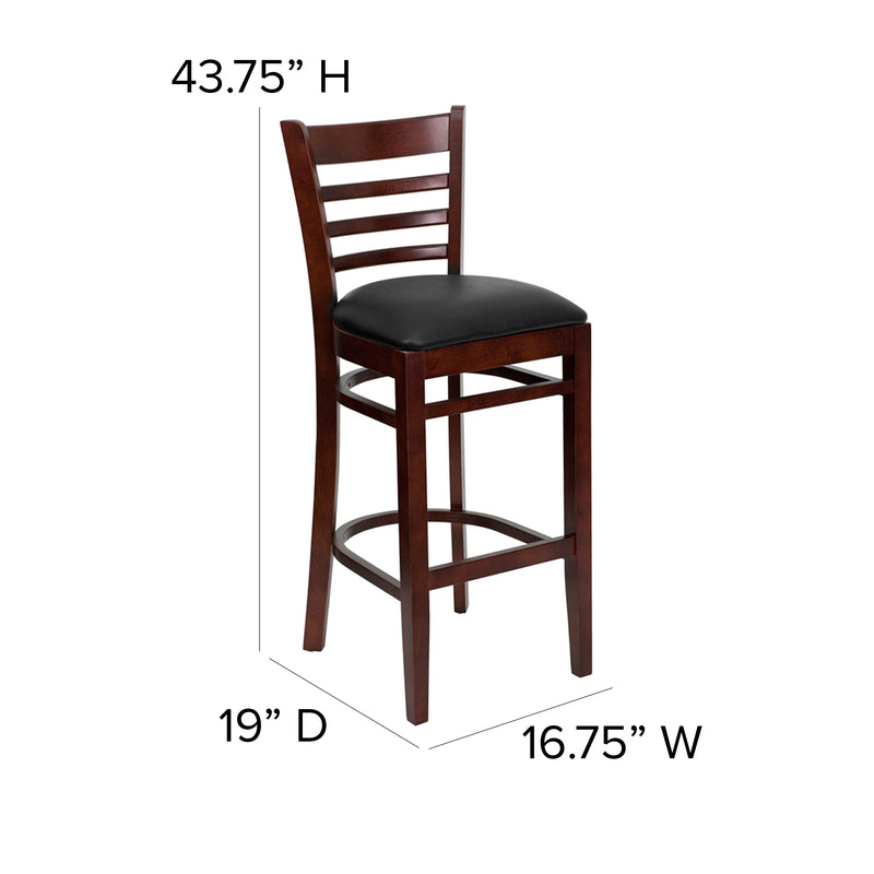 SINGLEWAVE Series Ladder Back Walnut Wood Restaurant Barstool - Black Vinyl Seat