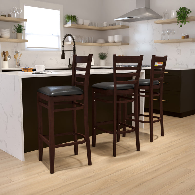 SINGLEWAVE Series Ladder Back Walnut Wood Restaurant Barstool - Black Vinyl Seat