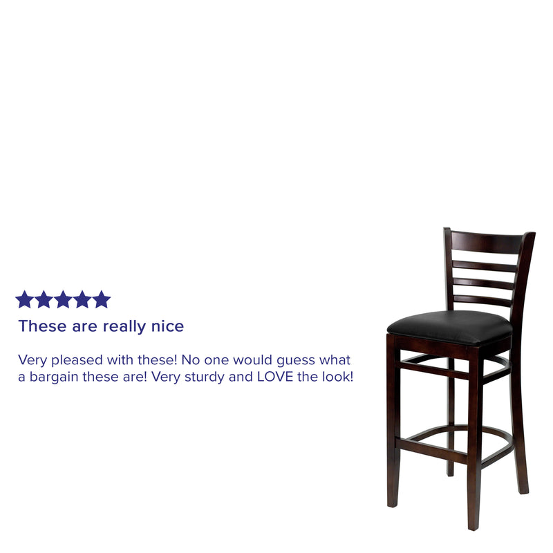 SINGLEWAVE Series Ladder Back Walnut Wood Restaurant Barstool - Black Vinyl Seat