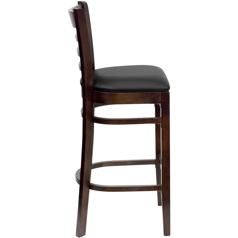 SINGLEWAVE Series Ladder Back Walnut Wood Restaurant Barstool - Black Vinyl Seat