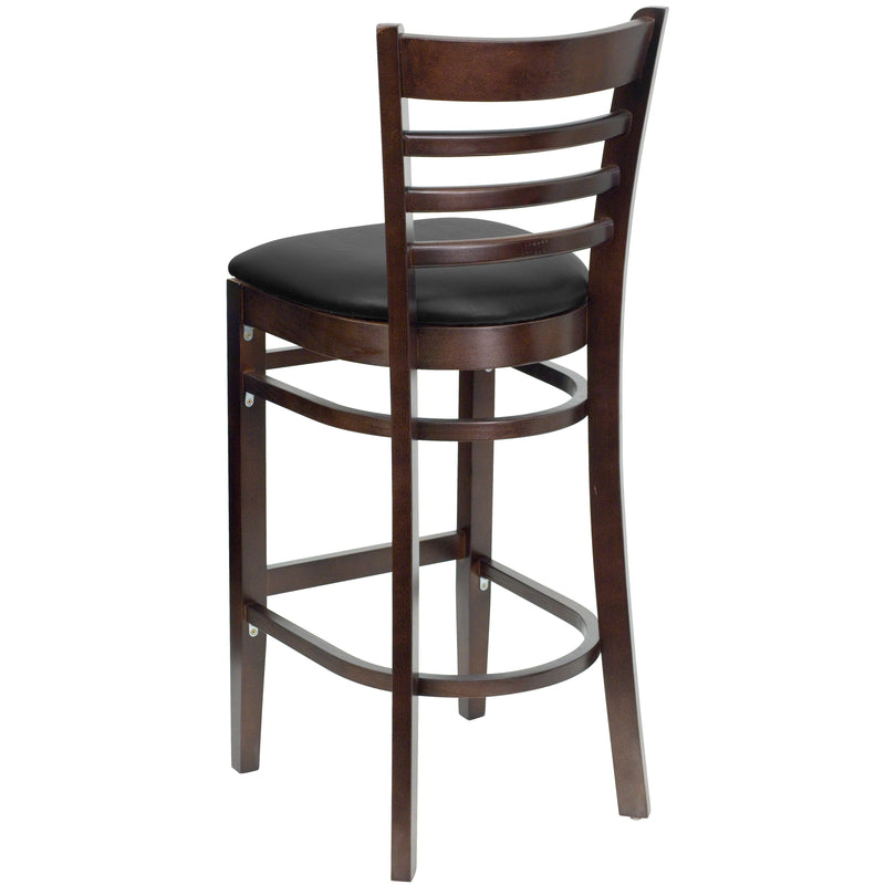 SINGLEWAVE Series Ladder Back Walnut Wood Restaurant Barstool - Black Vinyl Seat