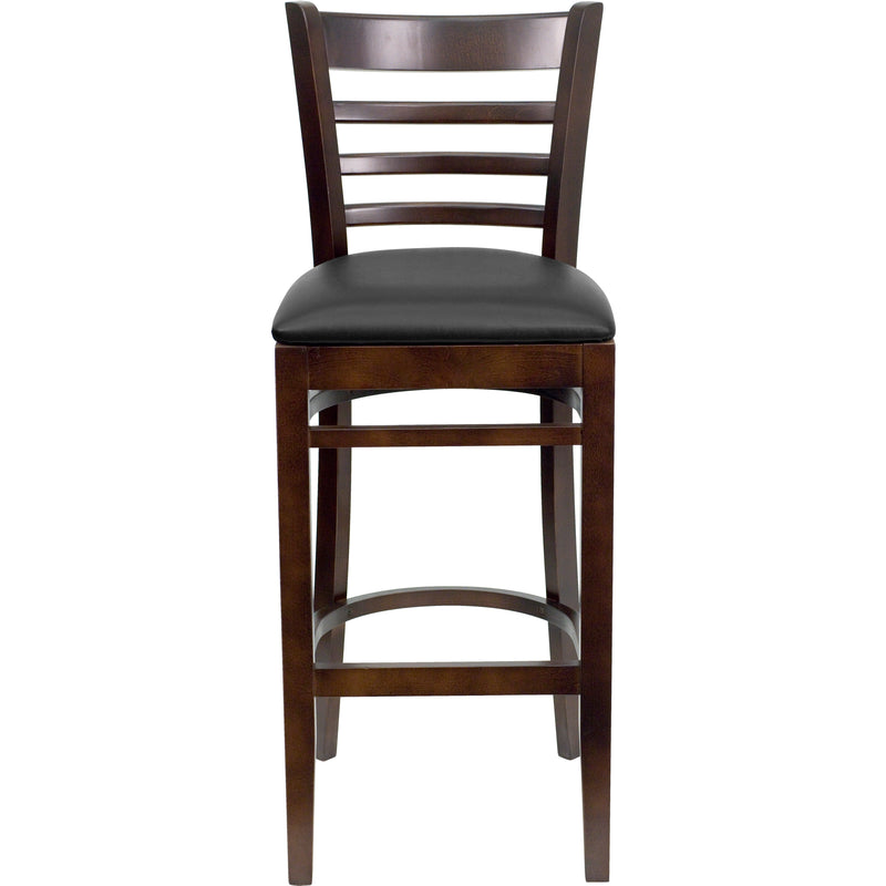 SINGLEWAVE Series Ladder Back Walnut Wood Restaurant Barstool - Black Vinyl Seat