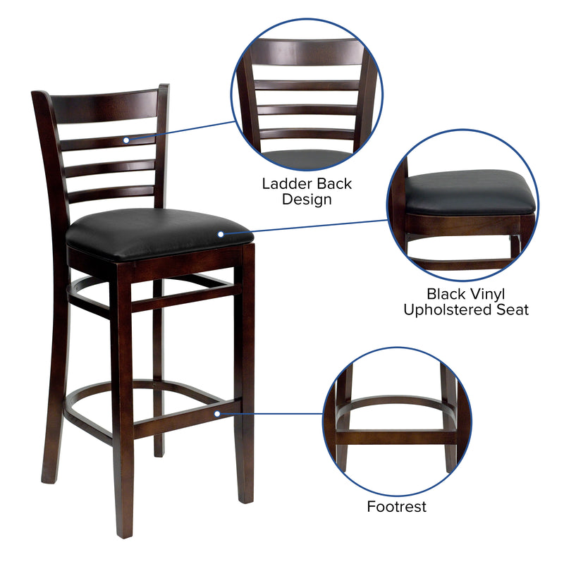 SINGLEWAVE Series Ladder Back Walnut Wood Restaurant Barstool - Black Vinyl Seat