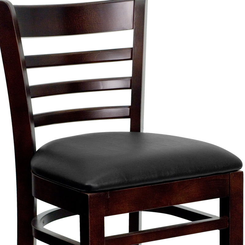 SINGLEWAVE Series Ladder Back Walnut Wood Restaurant Barstool - Black Vinyl Seat