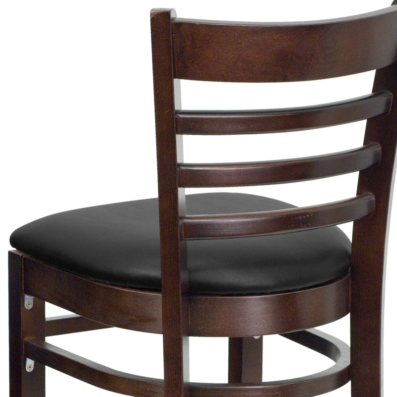 SINGLEWAVE Series Ladder Back Walnut Wood Restaurant Barstool - Black Vinyl Seat