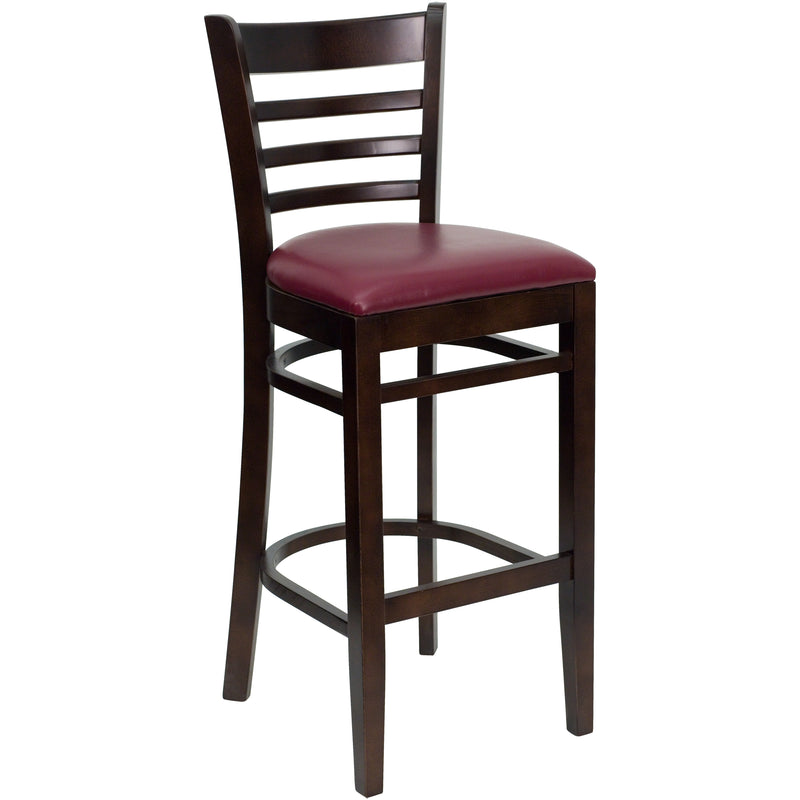 SINGLEWAVE Series Ladder Back Walnut Wood Restaurant Barstool - Burgundy Vinyl Seat