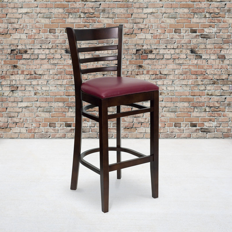 SINGLEWAVE Series Ladder Back Walnut Wood Restaurant Barstool - Burgundy Vinyl Seat