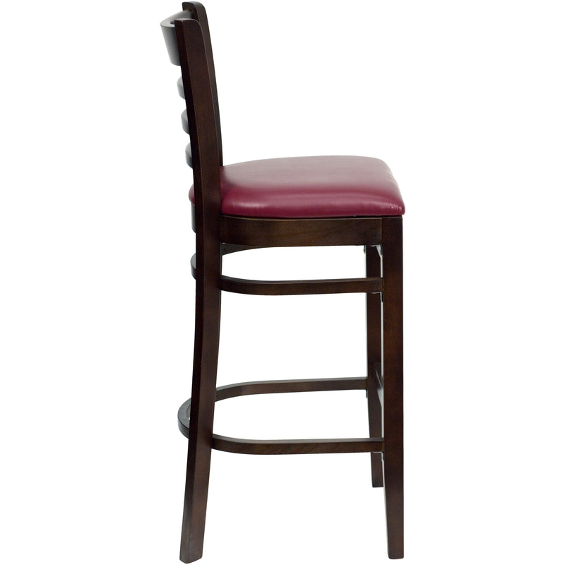 SINGLEWAVE Series Ladder Back Walnut Wood Restaurant Barstool - Burgundy Vinyl Seat