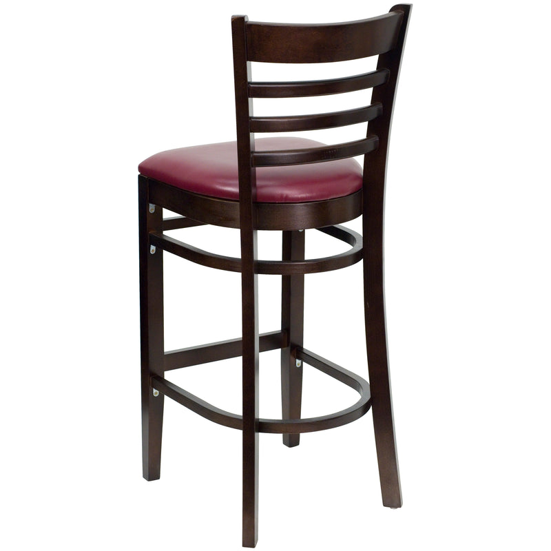 SINGLEWAVE Series Ladder Back Walnut Wood Restaurant Barstool - Burgundy Vinyl Seat