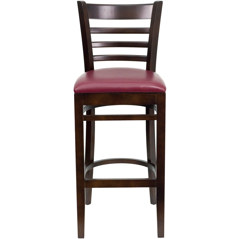 SINGLEWAVE Series Ladder Back Walnut Wood Restaurant Barstool - Burgundy Vinyl Seat