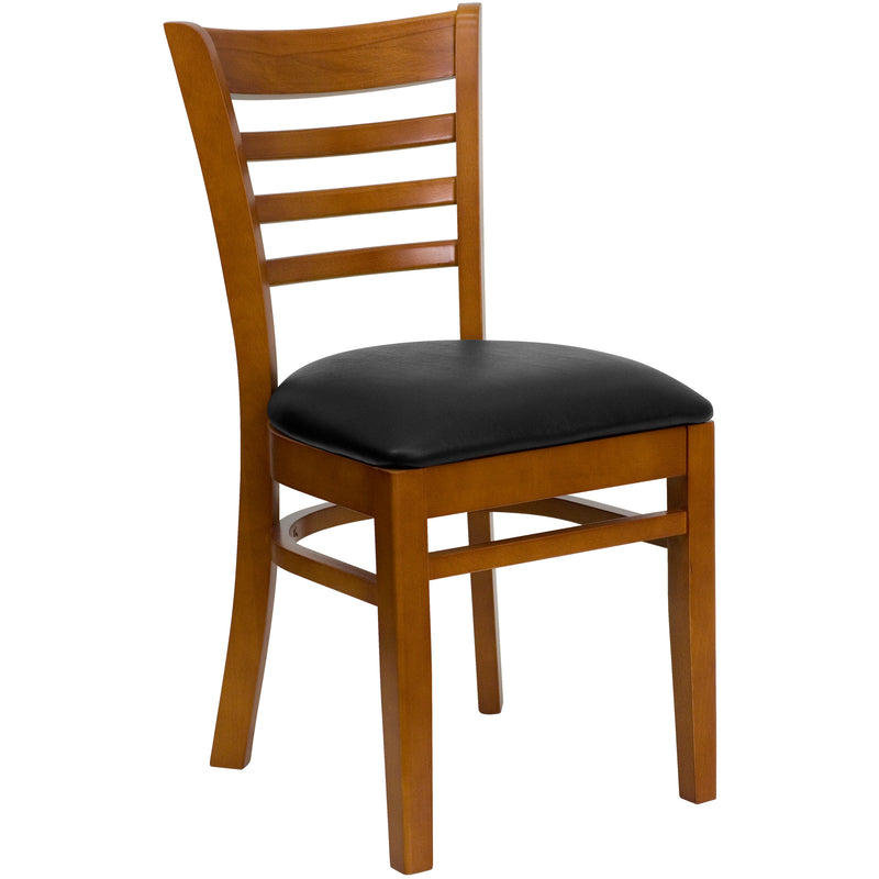 SINGLEWAVE Series Ladder Back Cherry Wood Restaurant Chair - Black Vinyl Seat