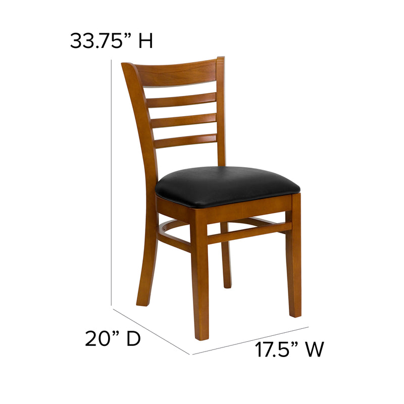 SINGLEWAVE Series Ladder Back Cherry Wood Restaurant Chair - Black Vinyl Seat