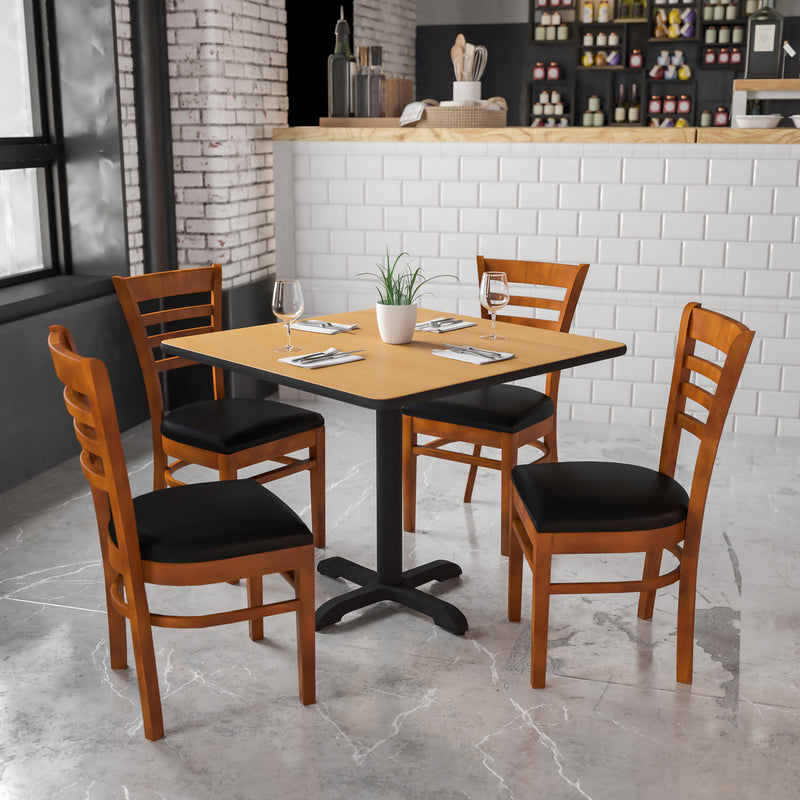 SINGLEWAVE Series Ladder Back Cherry Wood Restaurant Chair - Black Vinyl Seat