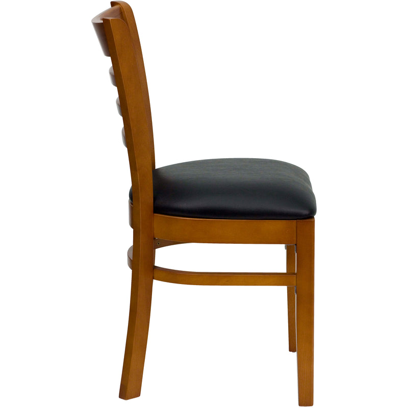 SINGLEWAVE Series Ladder Back Cherry Wood Restaurant Chair - Black Vinyl Seat