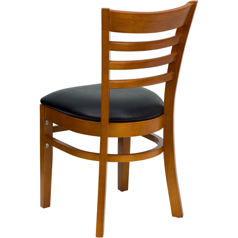 SINGLEWAVE Series Ladder Back Cherry Wood Restaurant Chair - Black Vinyl Seat