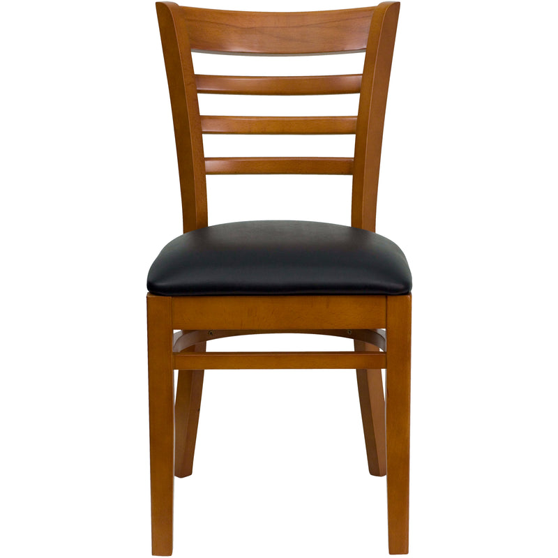 SINGLEWAVE Series Ladder Back Cherry Wood Restaurant Chair - Black Vinyl Seat