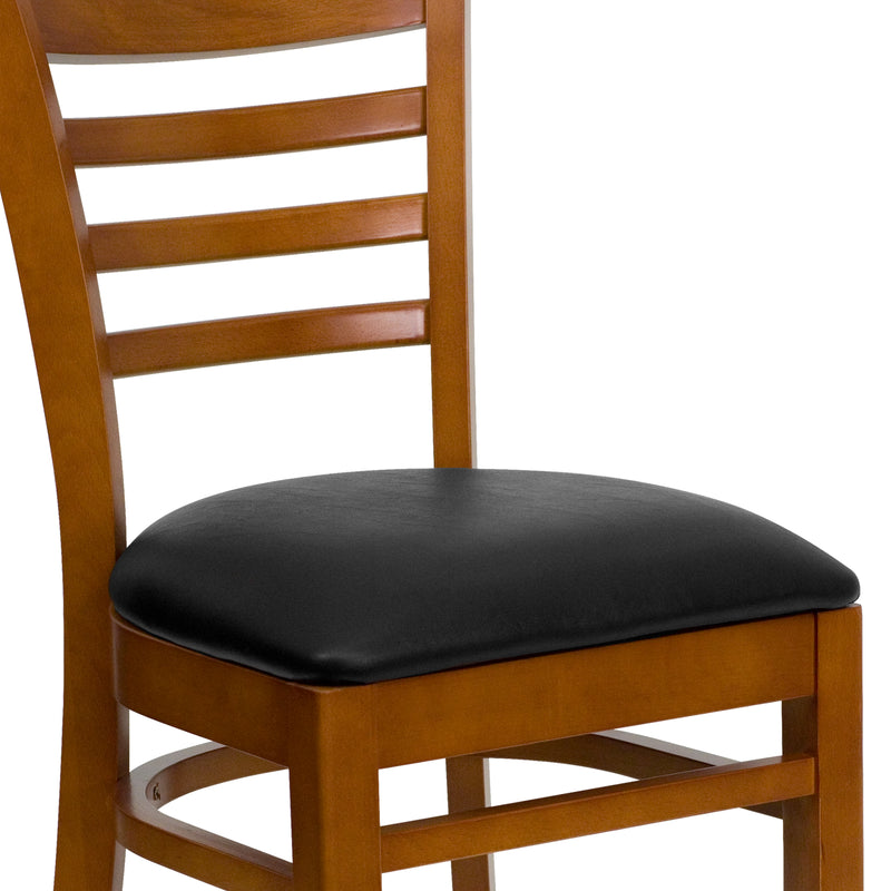 SINGLEWAVE Series Ladder Back Cherry Wood Restaurant Chair - Black Vinyl Seat