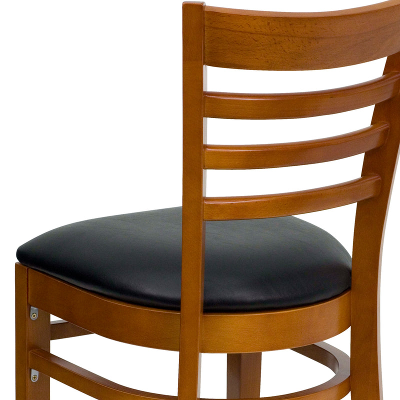 SINGLEWAVE Series Ladder Back Cherry Wood Restaurant Chair - Black Vinyl Seat