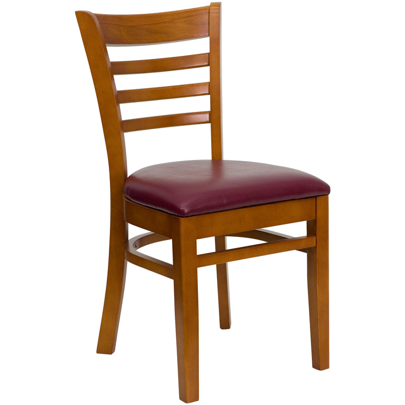 SINGLEWAVE Series Ladder Back Cherry Wood Restaurant Chair - Burgundy Vinyl Seat