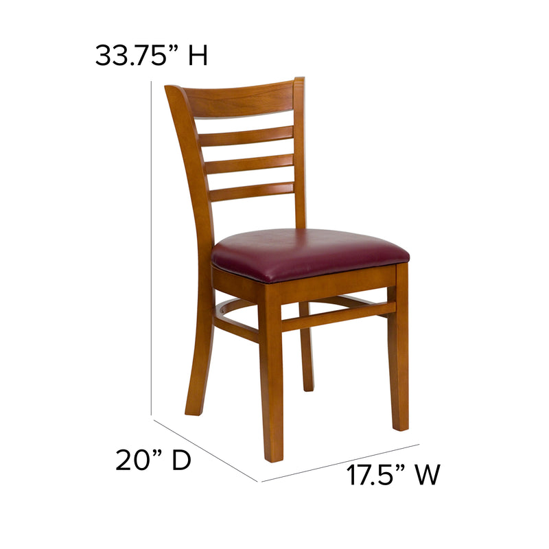 SINGLEWAVE Series Ladder Back Cherry Wood Restaurant Chair - Burgundy Vinyl Seat