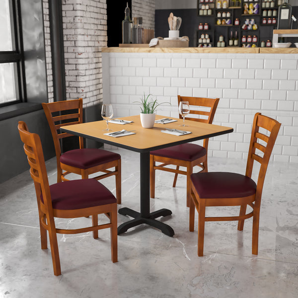 SINGLEWAVE Series Ladder Back Cherry Wood Restaurant Chair - Burgundy Vinyl Seat