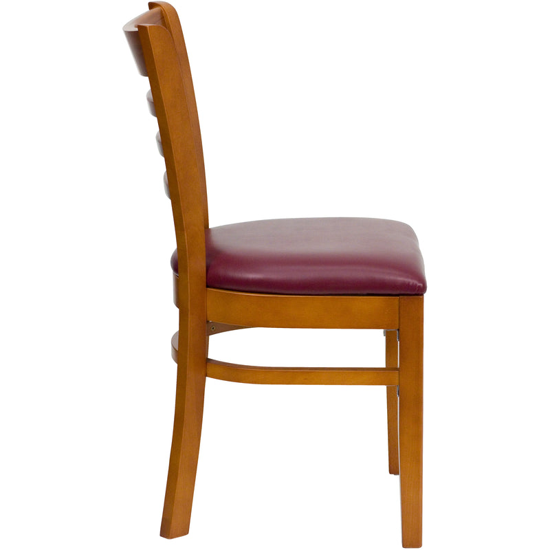 SINGLEWAVE Series Ladder Back Cherry Wood Restaurant Chair - Burgundy Vinyl Seat