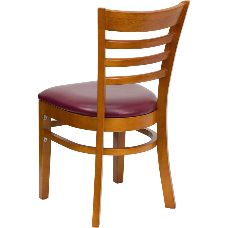 SINGLEWAVE Series Ladder Back Cherry Wood Restaurant Chair - Burgundy Vinyl Seat