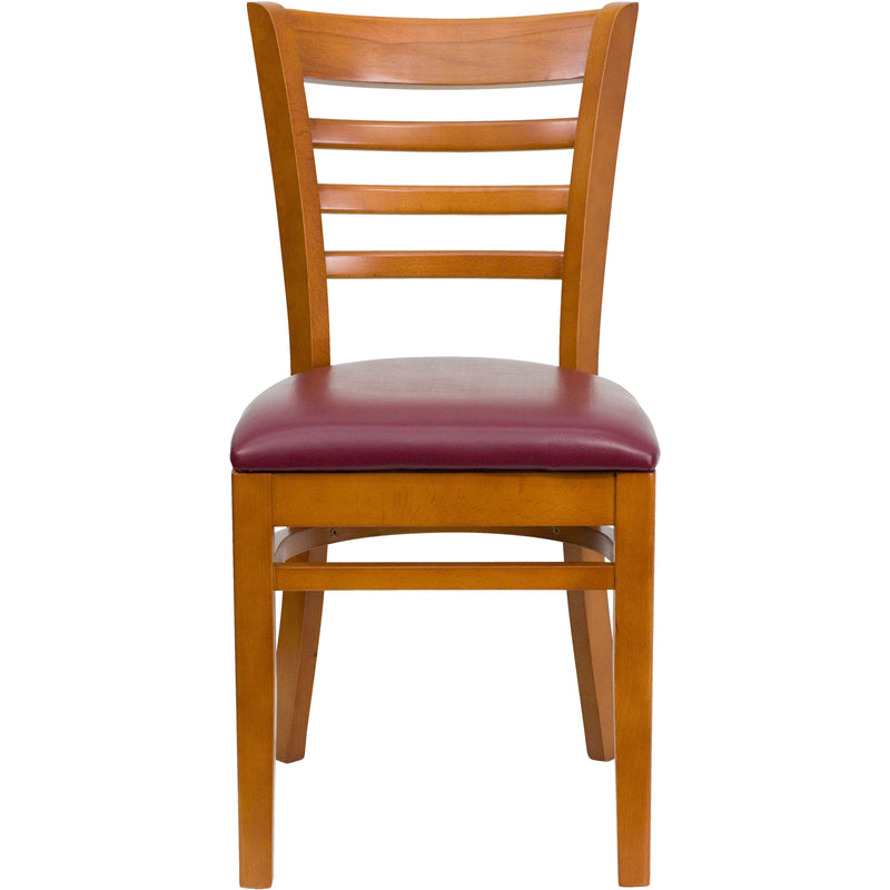 SINGLEWAVE Series Ladder Back Cherry Wood Restaurant Chair - Burgundy Vinyl Seat