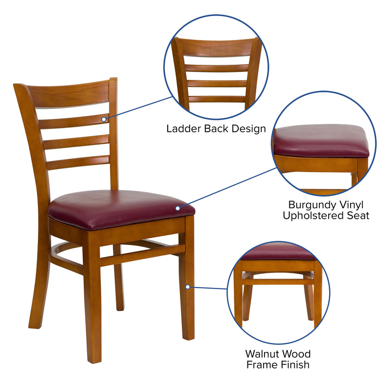 SINGLEWAVE Series Ladder Back Cherry Wood Restaurant Chair - Burgundy Vinyl Seat