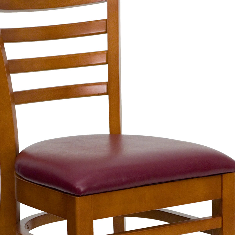 SINGLEWAVE Series Ladder Back Cherry Wood Restaurant Chair - Burgundy Vinyl Seat