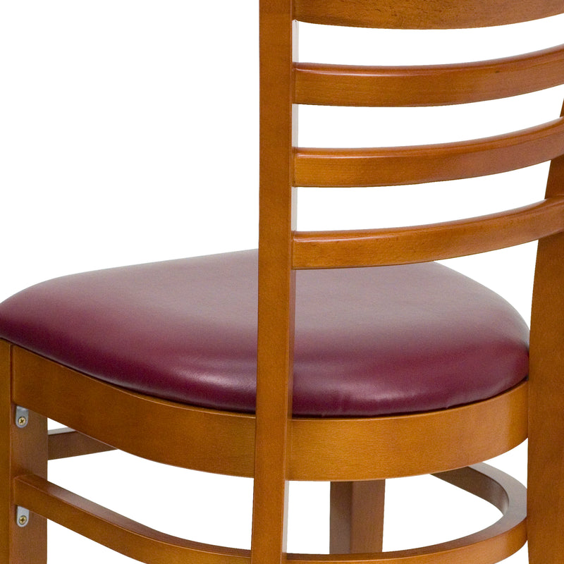 SINGLEWAVE Series Ladder Back Cherry Wood Restaurant Chair - Burgundy Vinyl Seat