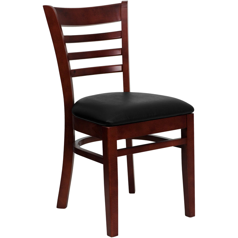 SINGLEWAVE Series Ladder Back Mahogany Wood Restaurant Chair - Black Vinyl Seat