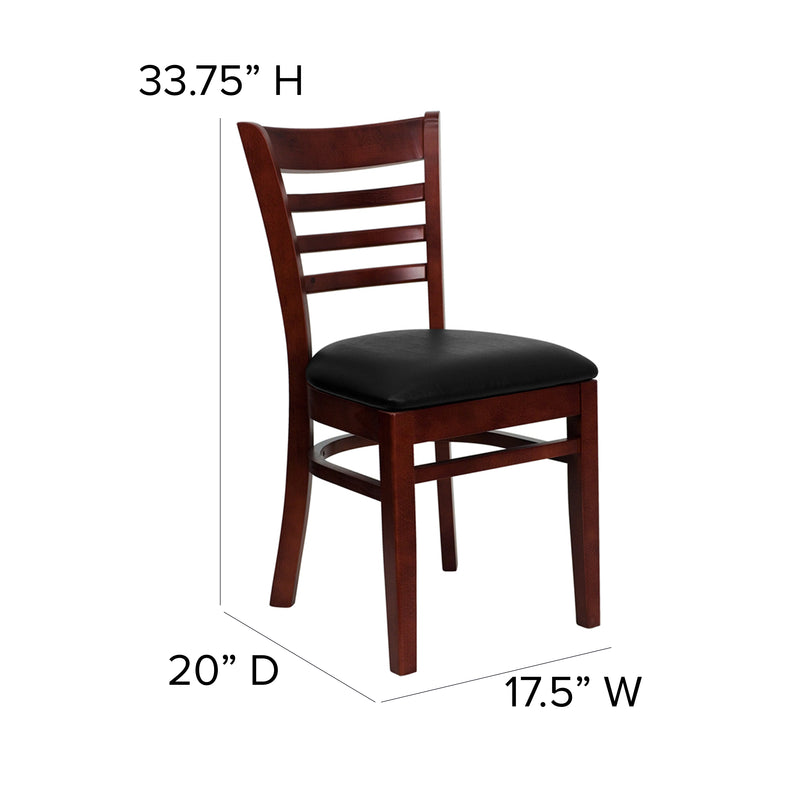 SINGLEWAVE Series Ladder Back Mahogany Wood Restaurant Chair - Black Vinyl Seat