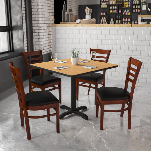 SINGLEWAVE Series Ladder Back Mahogany Wood Restaurant Chair - Black Vinyl Seat