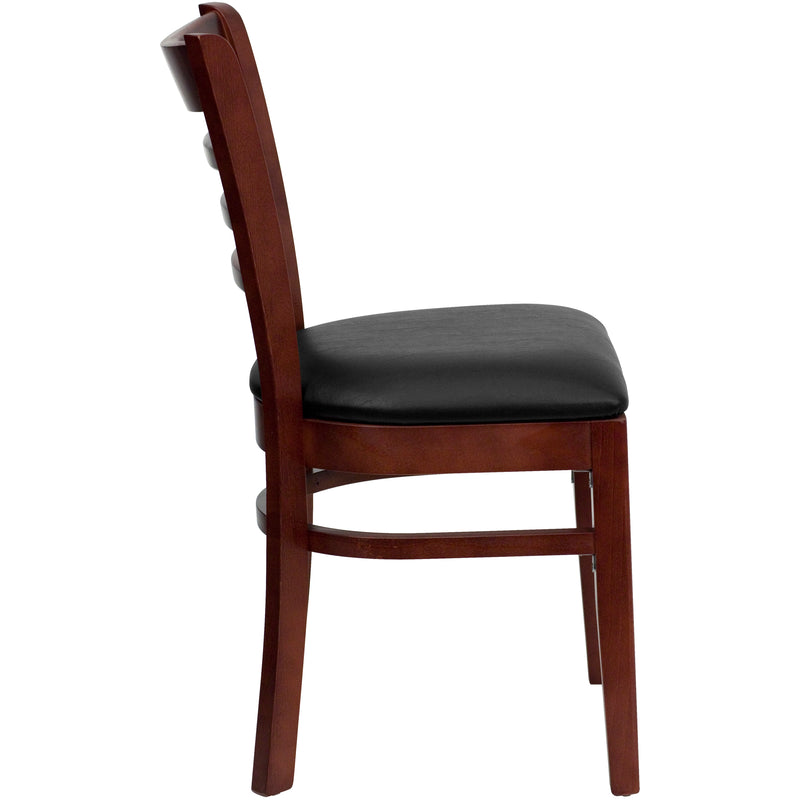 SINGLEWAVE Series Ladder Back Mahogany Wood Restaurant Chair - Black Vinyl Seat