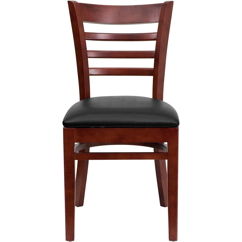 SINGLEWAVE Series Ladder Back Mahogany Wood Restaurant Chair - Black Vinyl Seat