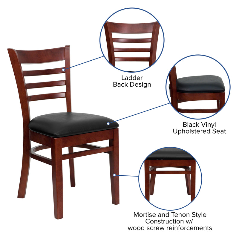 SINGLEWAVE Series Ladder Back Mahogany Wood Restaurant Chair - Black Vinyl Seat