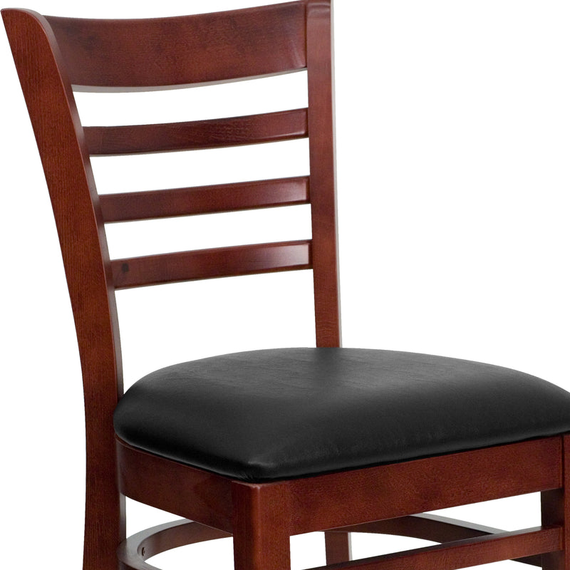 SINGLEWAVE Series Ladder Back Mahogany Wood Restaurant Chair - Black Vinyl Seat