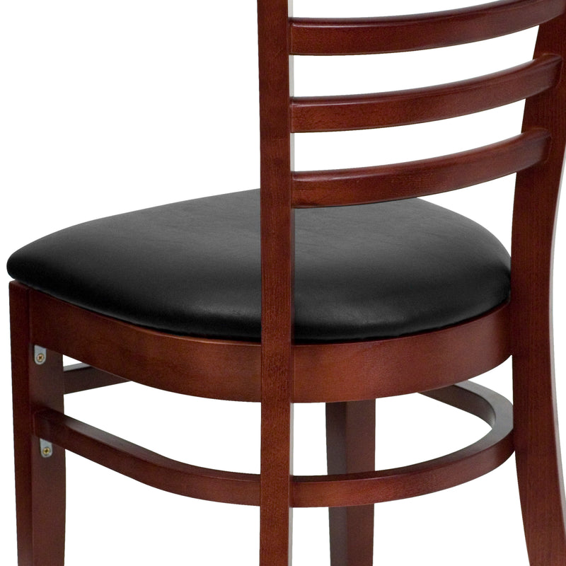 SINGLEWAVE Series Ladder Back Mahogany Wood Restaurant Chair - Black Vinyl Seat