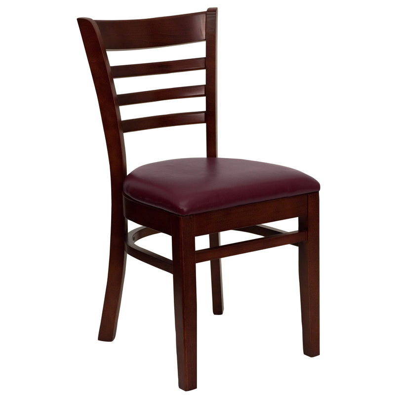 SINGLEWAVE Series Ladder Back Mahogany Wood Restaurant Chair - Burgundy Vinyl Seat