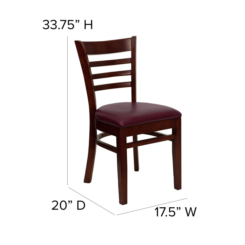 SINGLEWAVE Series Ladder Back Mahogany Wood Restaurant Chair - Burgundy Vinyl Seat