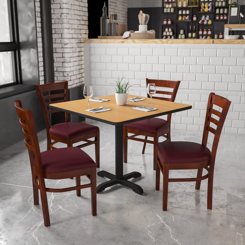 SINGLEWAVE Series Ladder Back Mahogany Wood Restaurant Chair - Burgundy Vinyl Seat