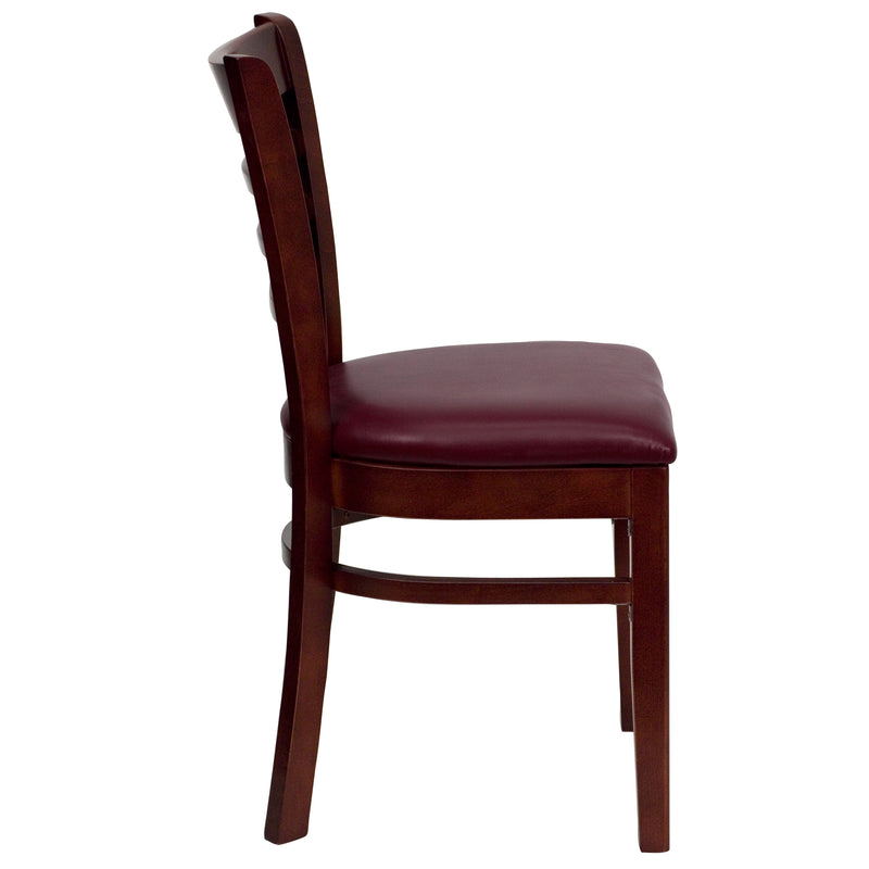 SINGLEWAVE Series Ladder Back Mahogany Wood Restaurant Chair - Burgundy Vinyl Seat