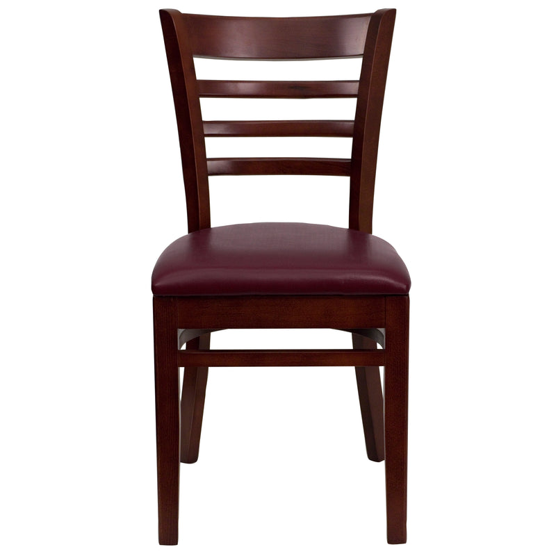 SINGLEWAVE Series Ladder Back Mahogany Wood Restaurant Chair - Burgundy Vinyl Seat