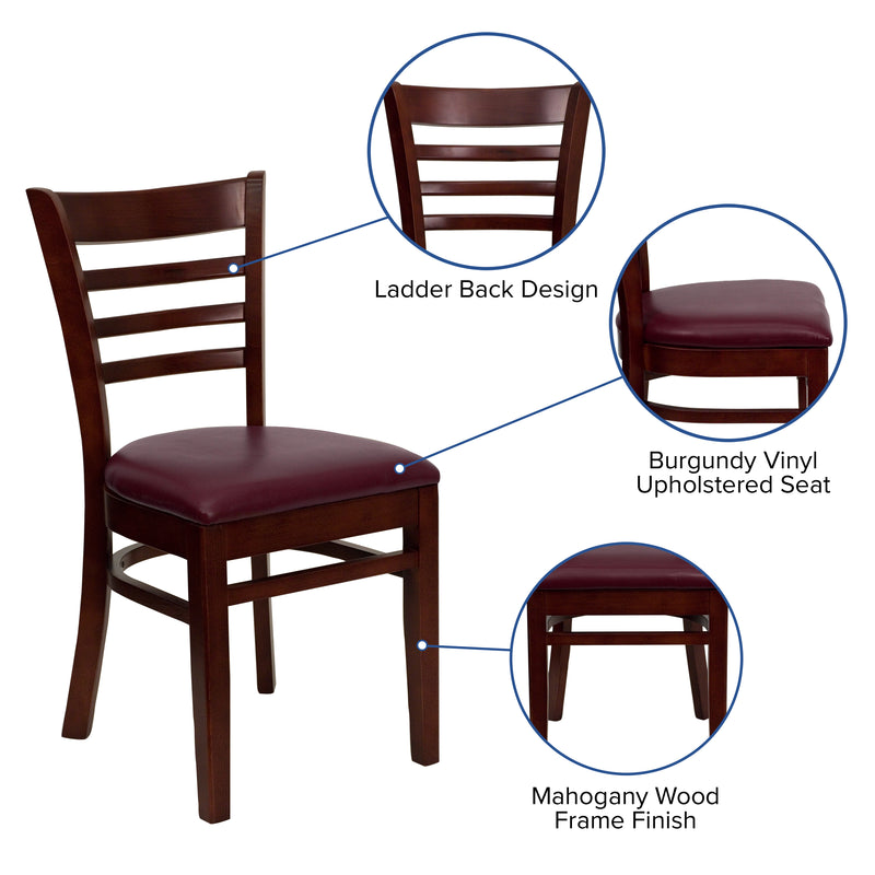 SINGLEWAVE Series Ladder Back Mahogany Wood Restaurant Chair - Burgundy Vinyl Seat