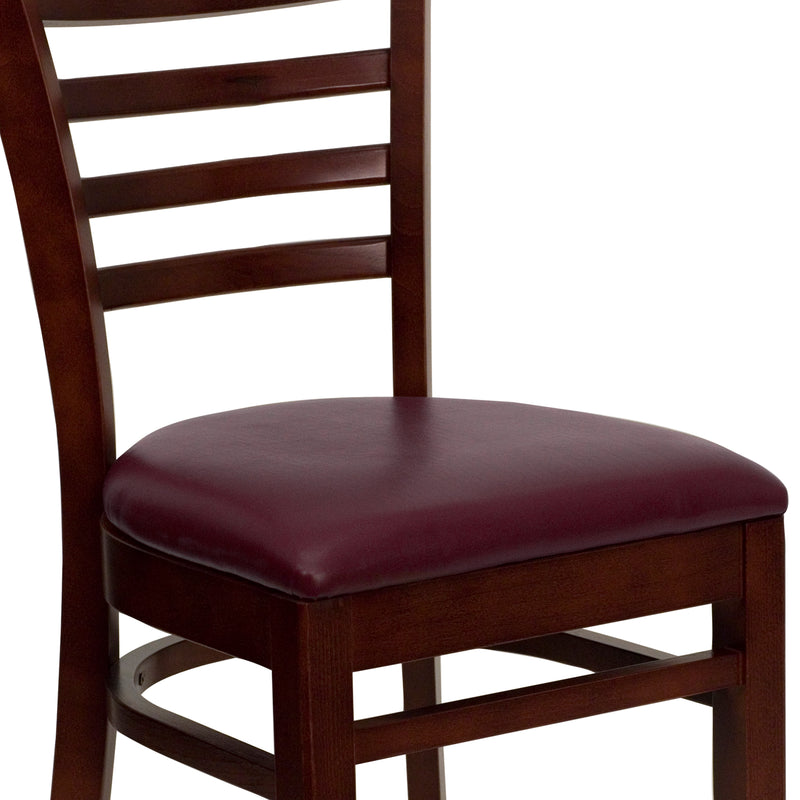 SINGLEWAVE Series Ladder Back Mahogany Wood Restaurant Chair - Burgundy Vinyl Seat