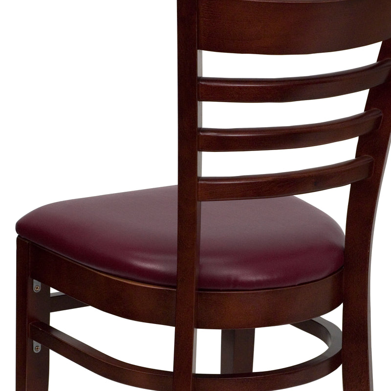 SINGLEWAVE Series Ladder Back Mahogany Wood Restaurant Chair - Burgundy Vinyl Seat